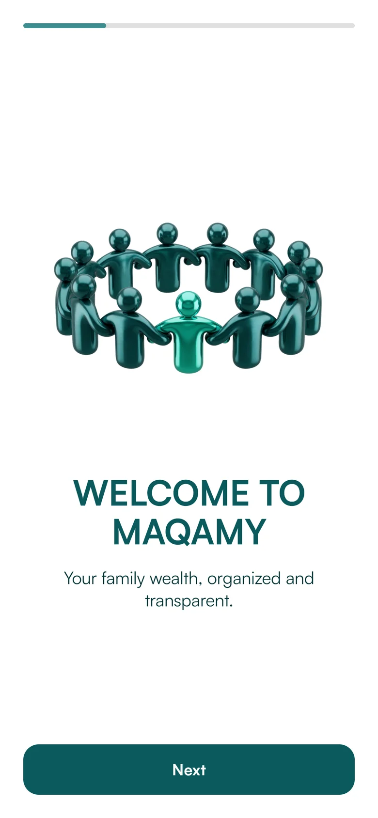 Maqamy app welcome screen: your family wealth, organized and transparent