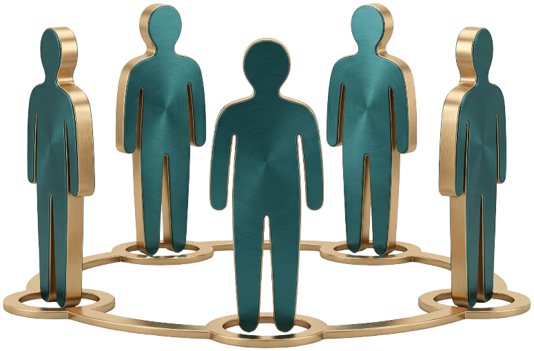 Figures standing together in a connected circle