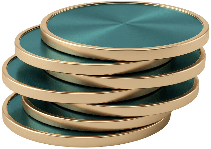 A stack of teal and gold coins