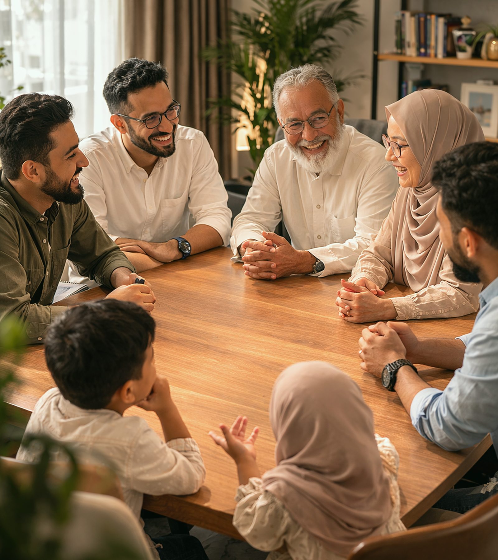 A multi-generational Muslim family talking around a table