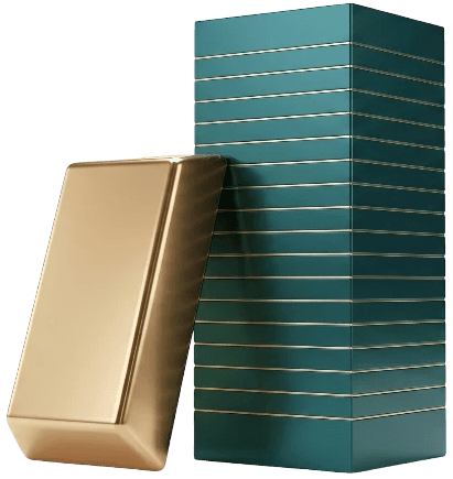 A gold bar leaning against a teal tower