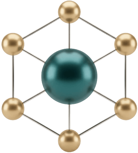 A central sphere connected to six surrounding nodes
